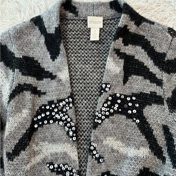 Chico’s Sequin Zebra Print Open Front Long Cardigan Sweater Size 1 (M/L) - Picture 9 of 14